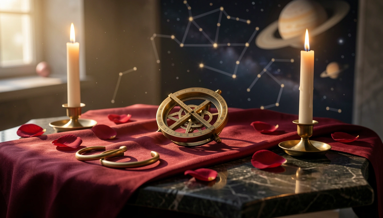 Two brass rings on crimson silk beside a candlelit brass astrolabe
