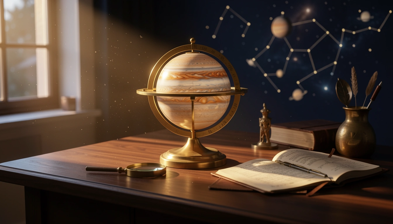 Brass orrery and open almanac lit by warm side-lighting, evoking Jupiter retrograde cycle tracking
