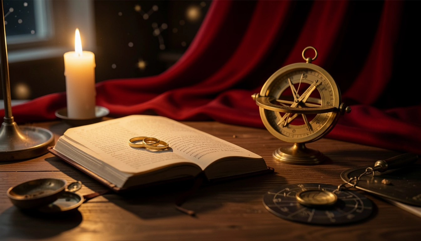 Two gold rings and a brass astrolabe on a candlelit table with red silk