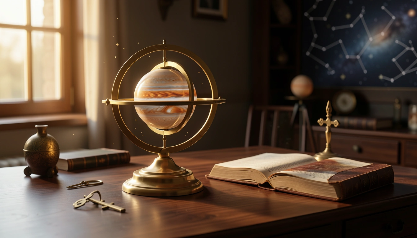 Brass orrery showing Jupiter beside an open ephemeris in warm side-light