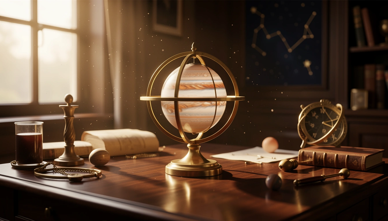 Brass orrery with Jupiter sphere lit by golden hour side-light on a polished wooden desk