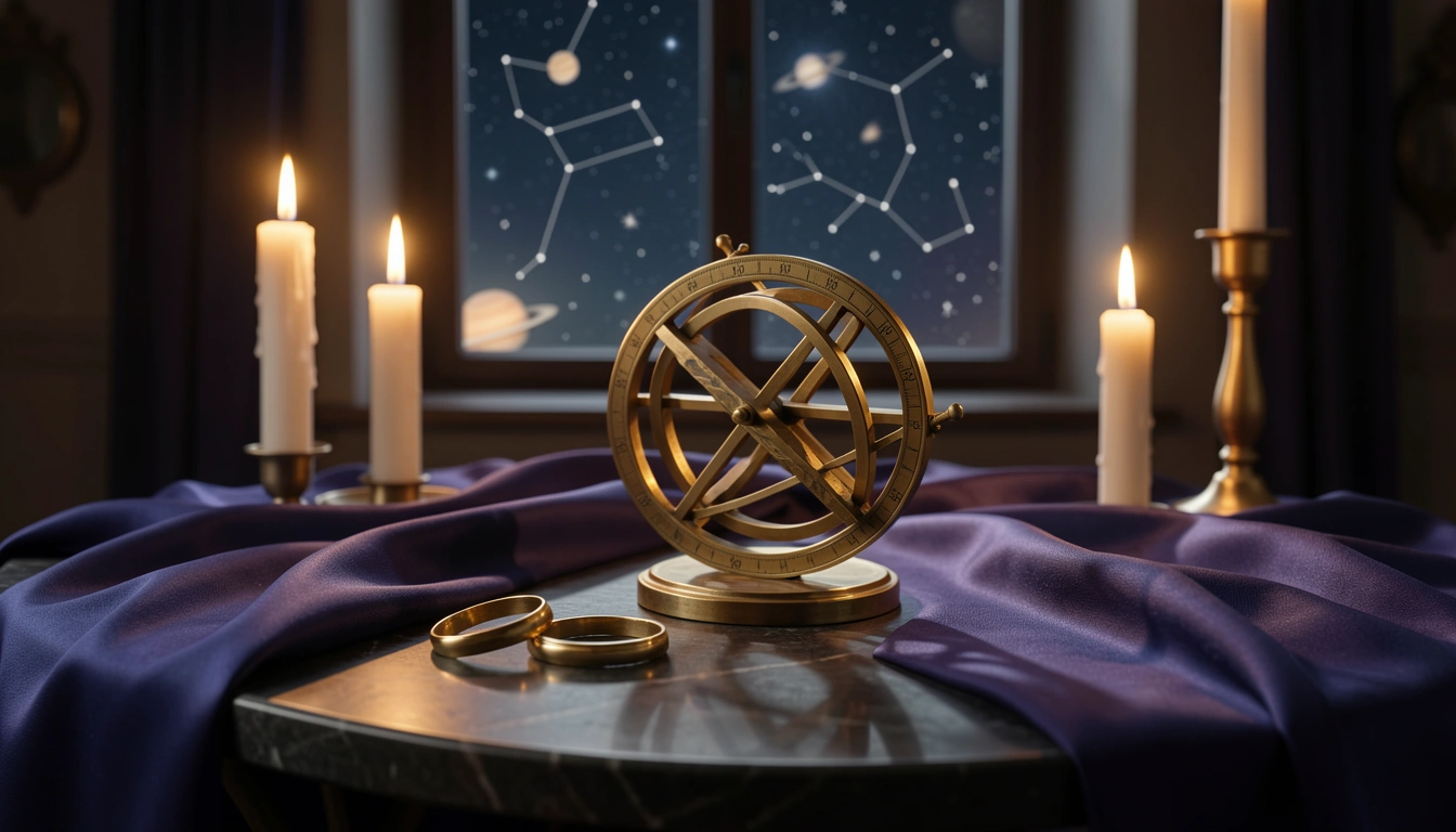 Two gold rings and a brass astrolabe on an indigo silk table under warm candlelight