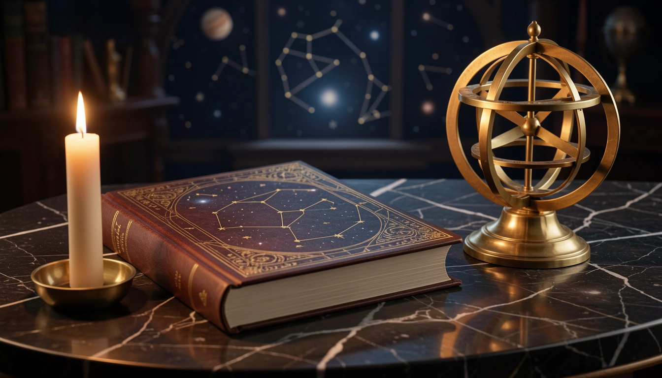 Brass orrery and candlelit astrology report on polished marble