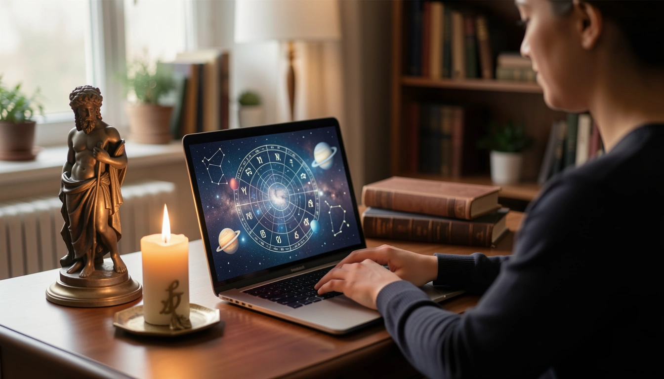 Person using a laptop with an astrological chart on screen, candle and Jupiter symbol nearby