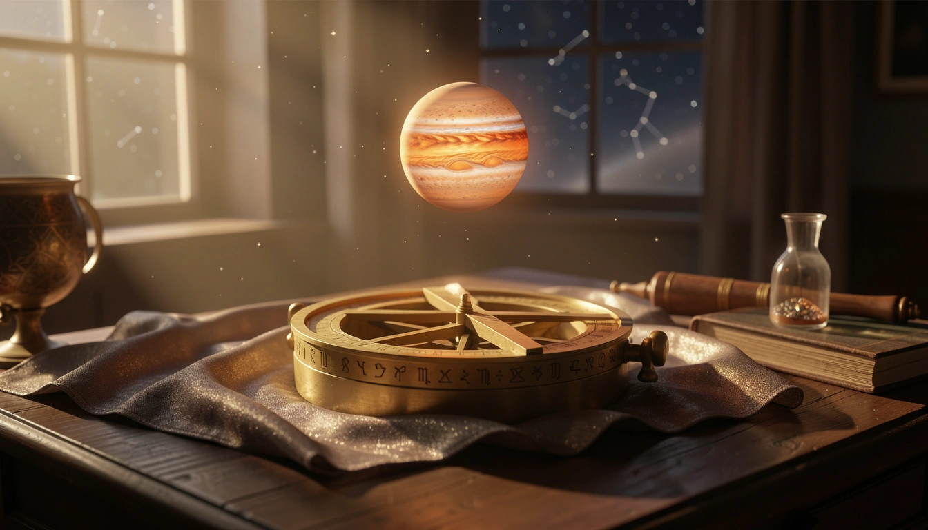 Brass astrolabe with glowing Jupiter symbol in golden light, astrological scene