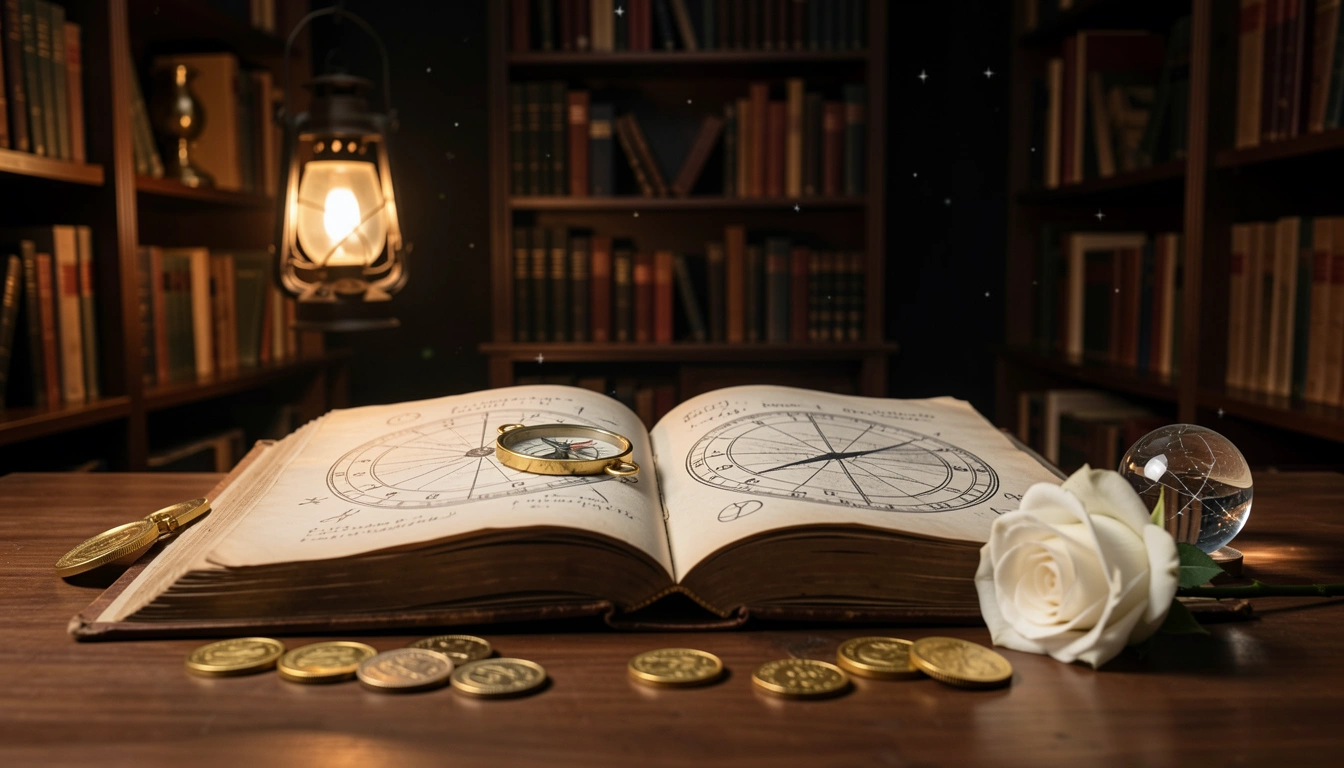 Antique book with astrology charts, gold coins and rose, symbolizing luck and opportunity