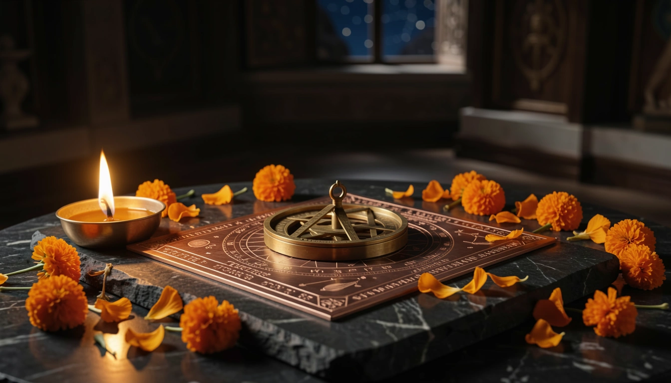 Brass Vedic astrolabe and engraved kundli chart on dark stone lit by a ghee lamp