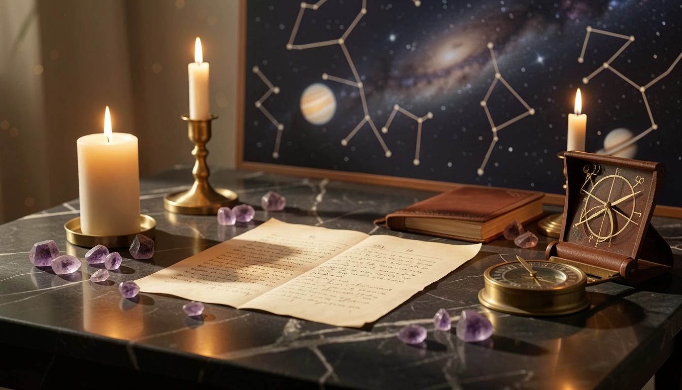 Brass numerological dial and crystals on a candlelit stone table