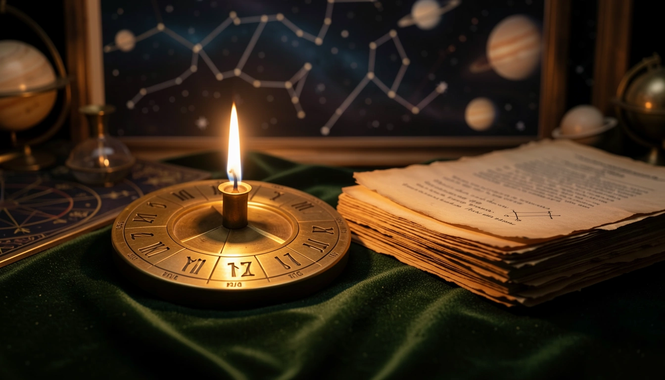 Brass numerology wheel on velvet beside candlelight
