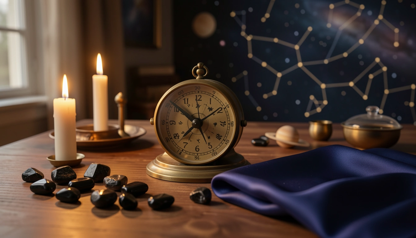 Brass numerology dial and obsidian stones on a candlelit table