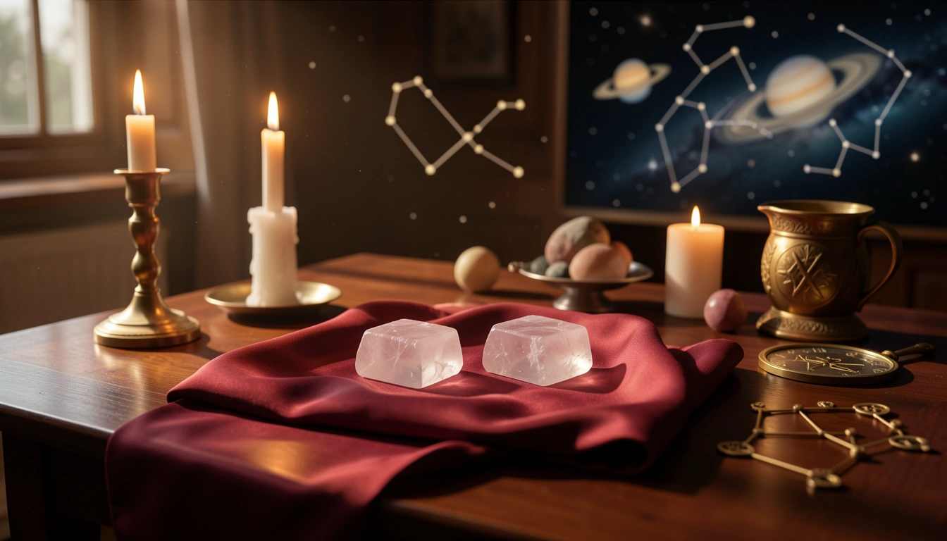 Two rose quartz crystals on crimson silk lit by candlelight