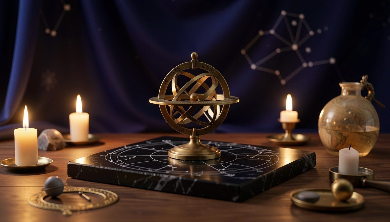 Brass armillary sphere beside black obsidian on a candlelit table