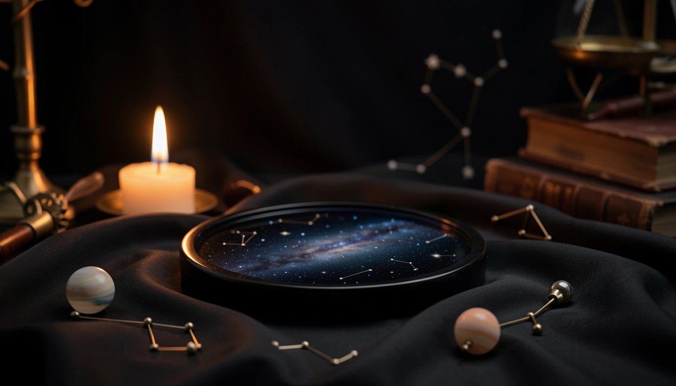 Obsidian disc on black silk illuminated by candlelight