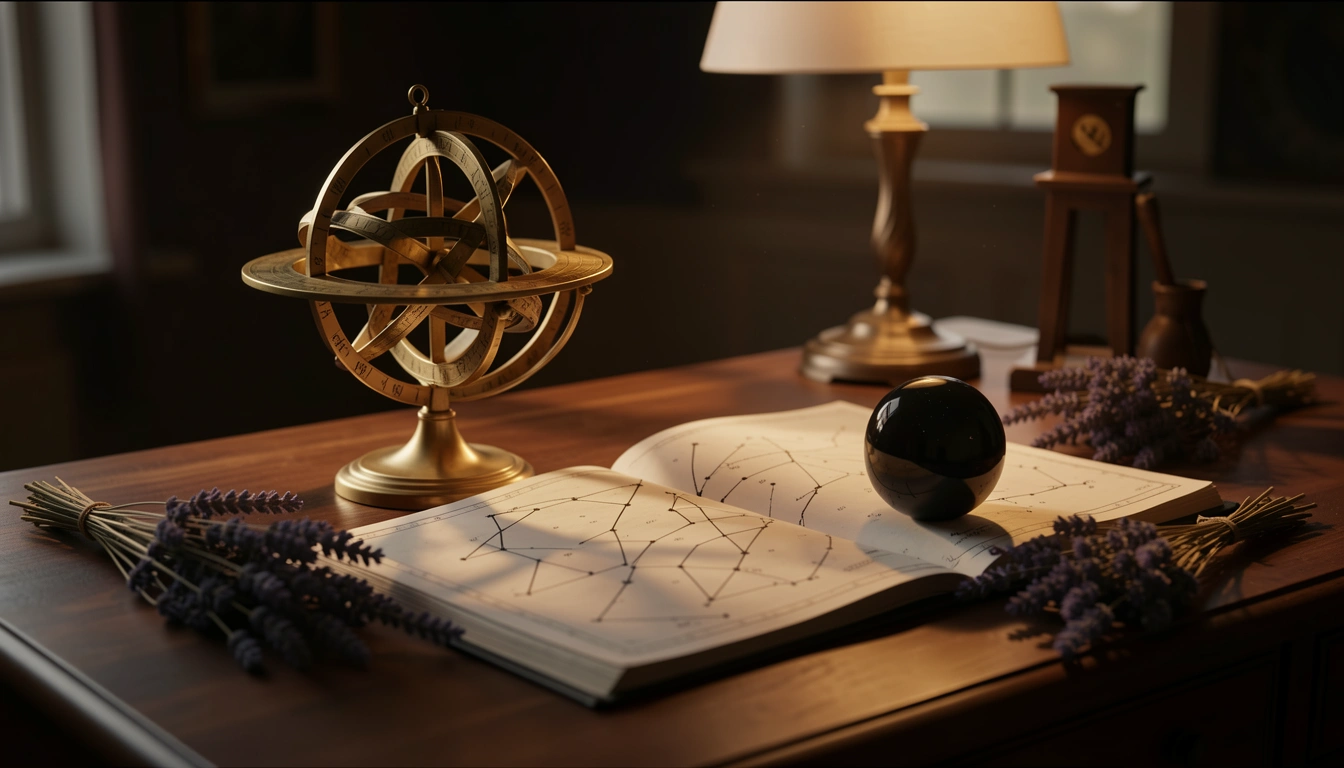 Brass armillary sphere and star atlas on a candlelit desk