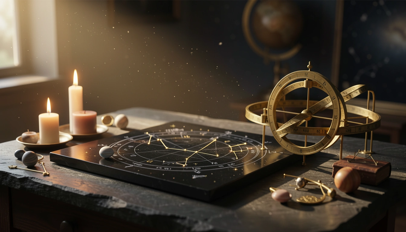 Brass astronomical instrument beside obsidian stone under warm candlelight