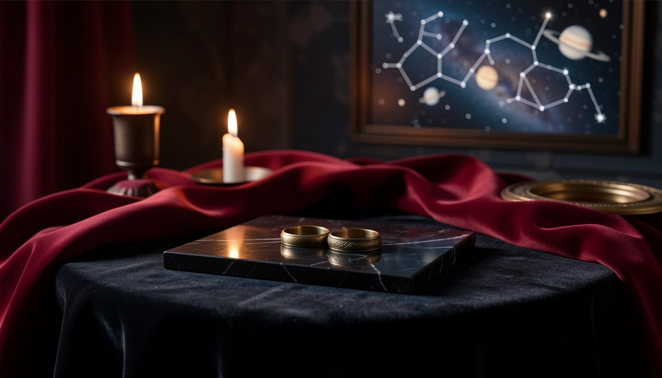 Candlelit table with brass rings on obsidian and crimson silk