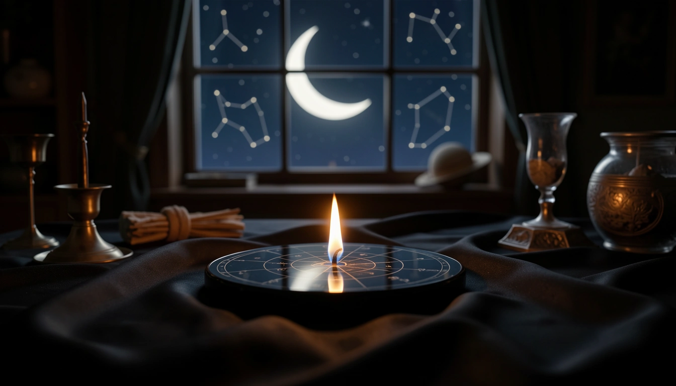Obsidian disc on black silk illuminated by candlelight
