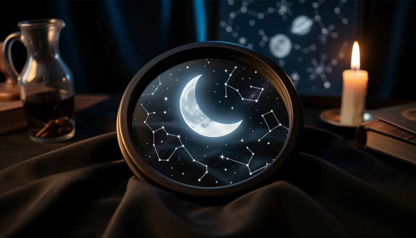 Obsidian mirror on black silk reflecting a crescent moon under candlelight