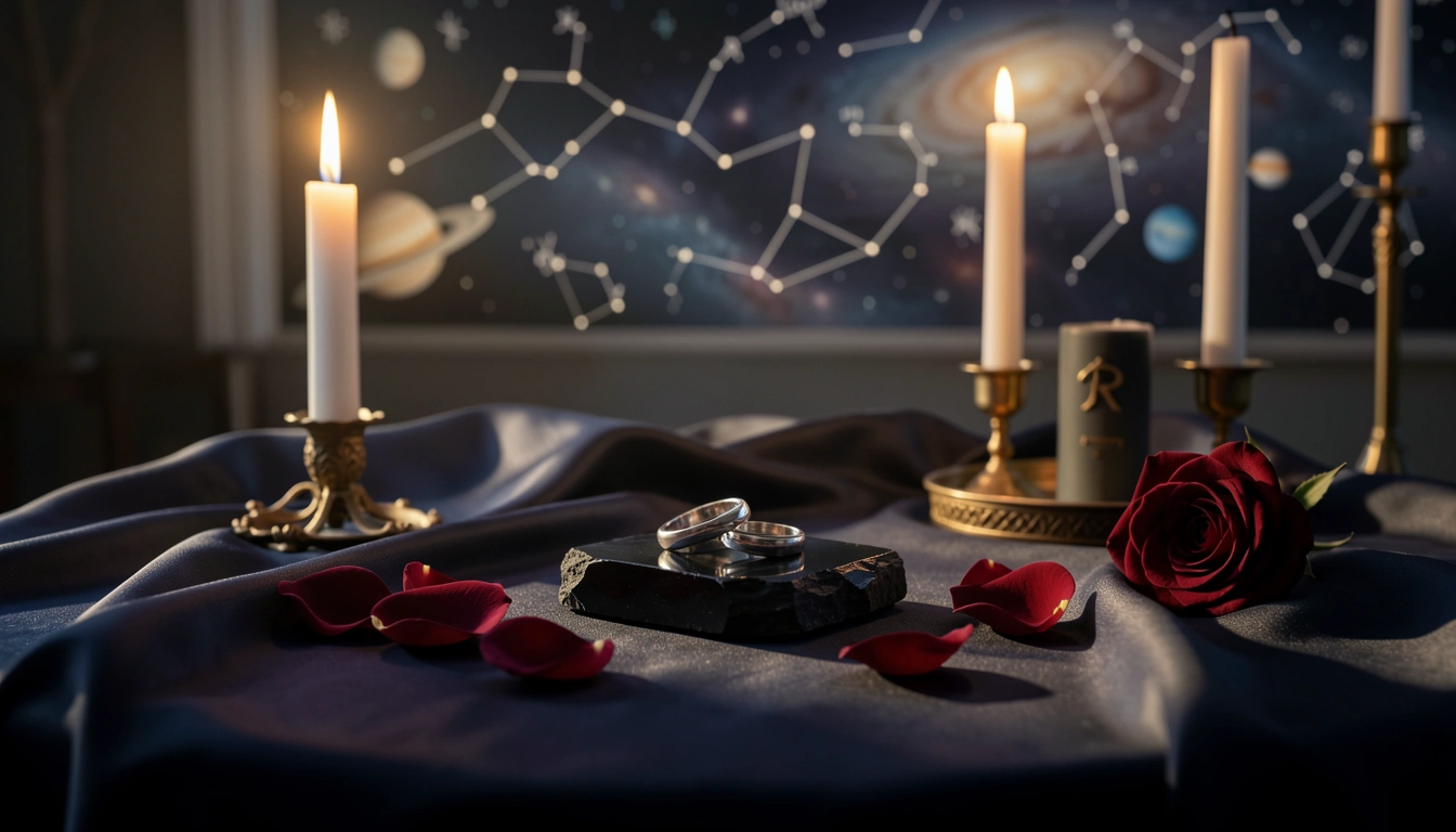 Candlelit table with silver rings on black obsidian and rose petals