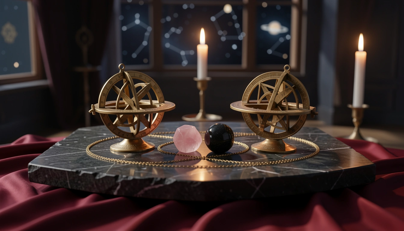 Two brass astrolabes and crystal spheres arranged on a candlelit stone table with celestial engravings