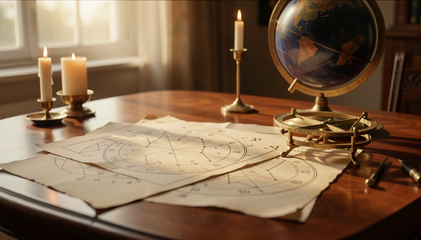 Two overlapping birth charts on a wooden table with brass astrolabe and candlelight, celestial globe in background.