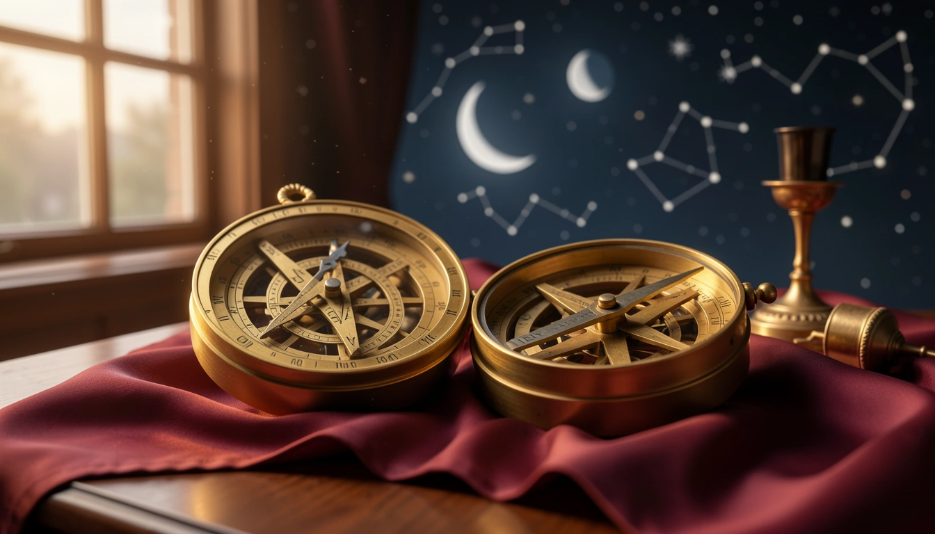 Two antique brass astrolabes on a wooden table with a night sky background, symbolizing Sun sign compatibility in astrology