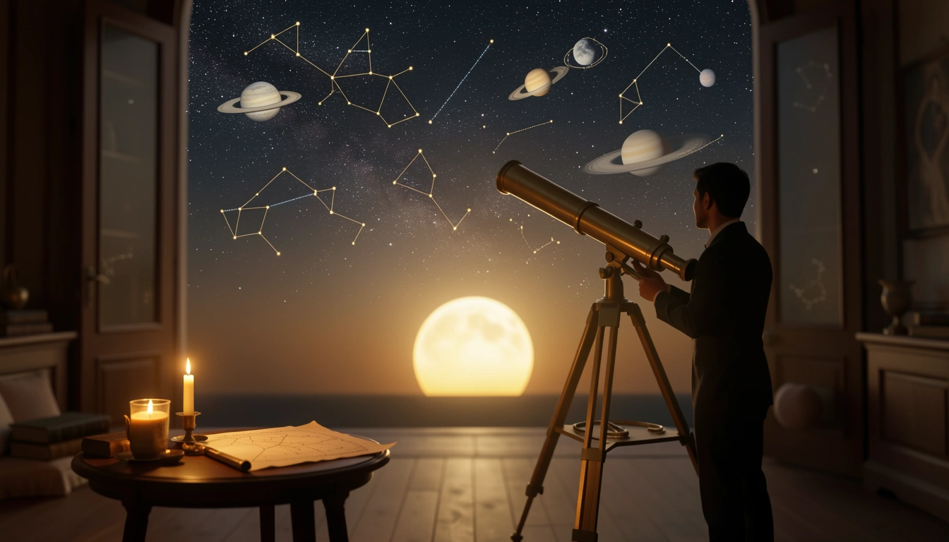 Two people stargazing with a brass telescope, Moon and Sun aligned in the night sky, a candlelit star chart on a nearby table