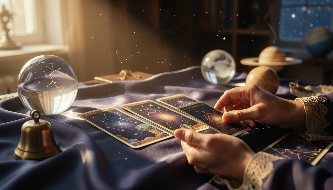 Hands holding three tarot cards on a silk cloth with golden sunlight and crystal ball