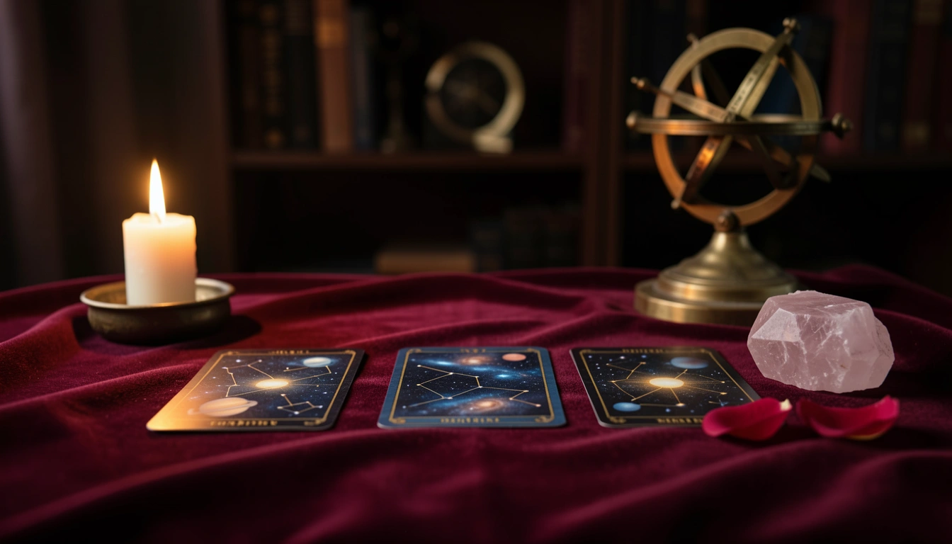 Three tarot cards laid out on velvet with candlelight and rose quartz crystal