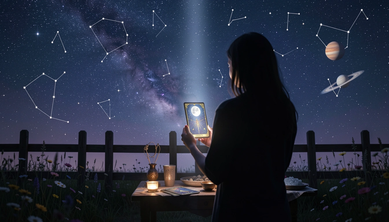 Silhouetted figure holding a glowing tarot card under a starry night sky