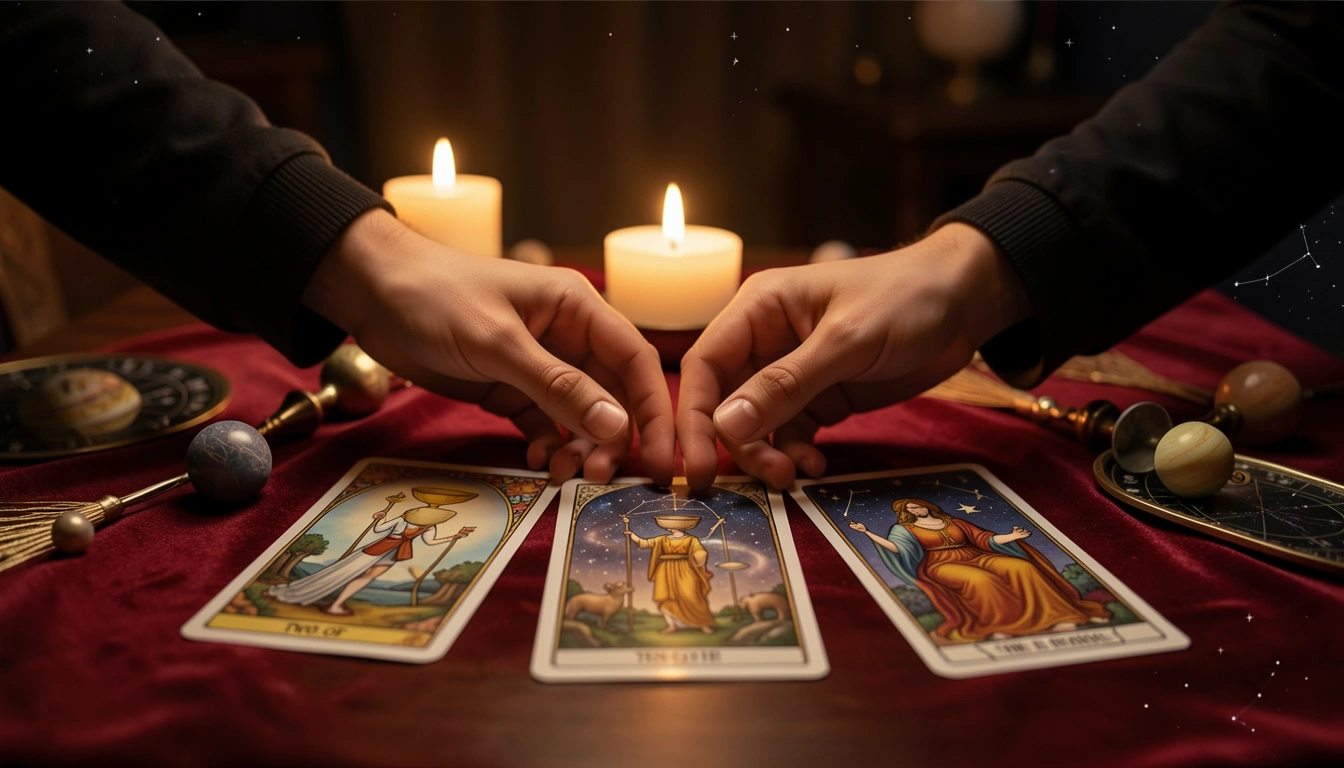 Couple's hands over tarot cards on a candlelit table
