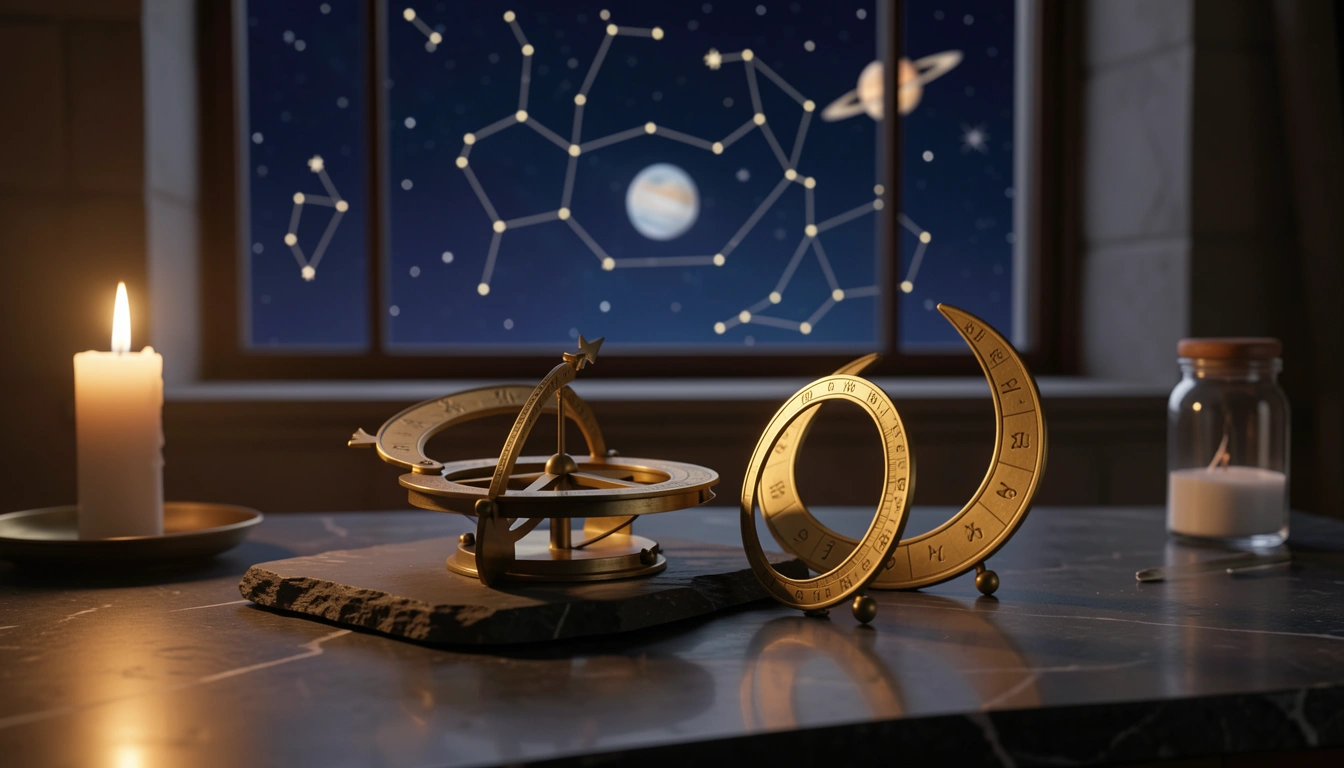Brass astrolabe and crescent node markers on dark stone under candlelight