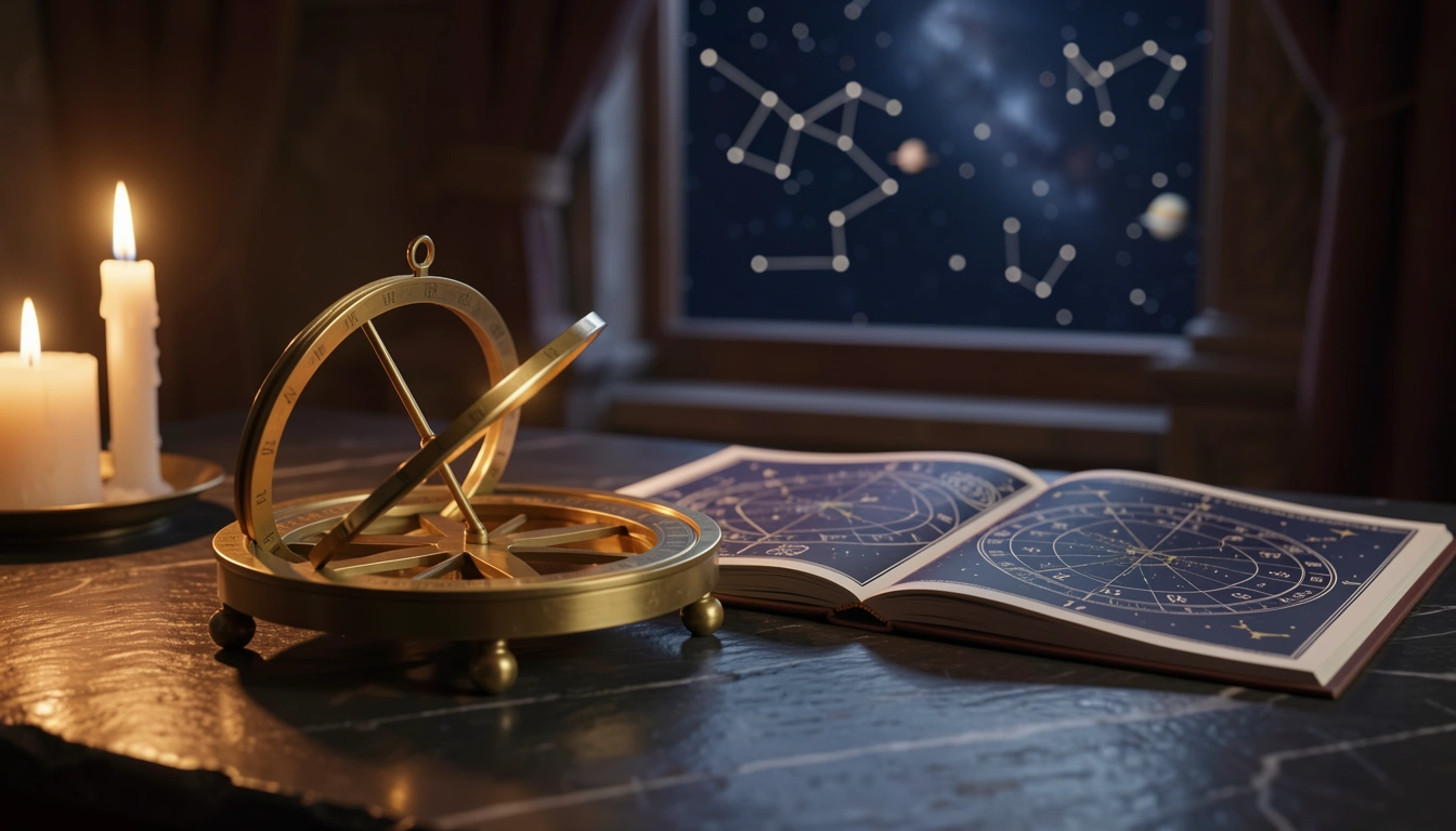 Brass astrolabe and natal chart on a candlelit stone surface