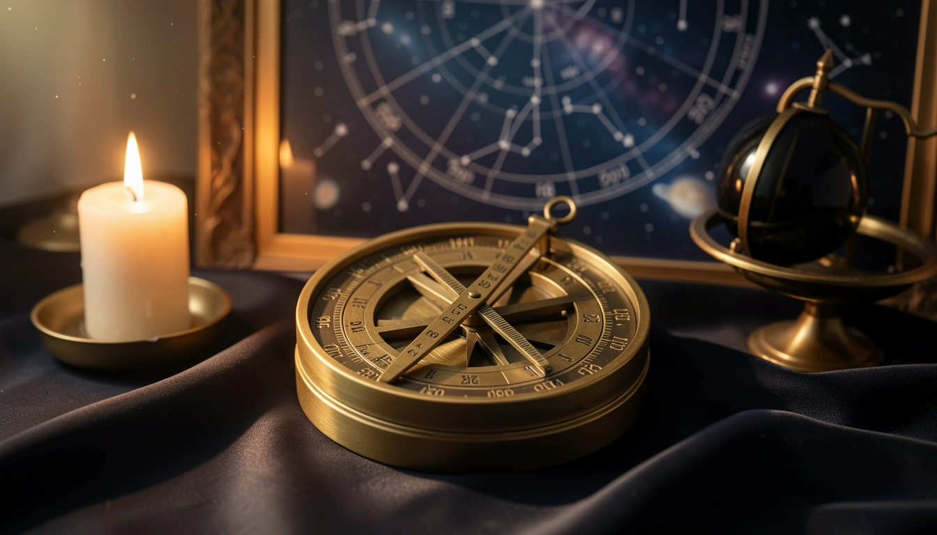 Brass astrolabe and obsidian disc on dark silk under candlelight