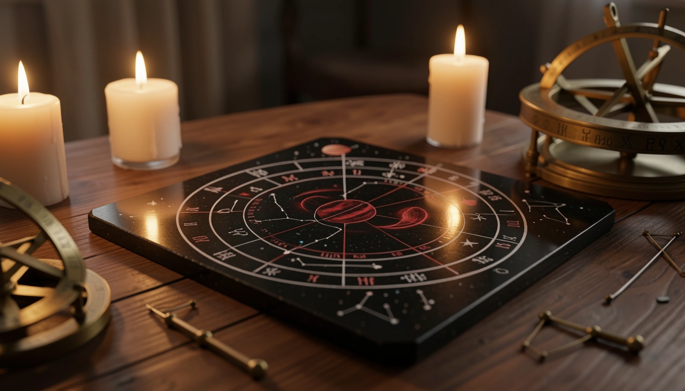 Candlelit obsidian slab with engraved astrological circles and brass astrolabe