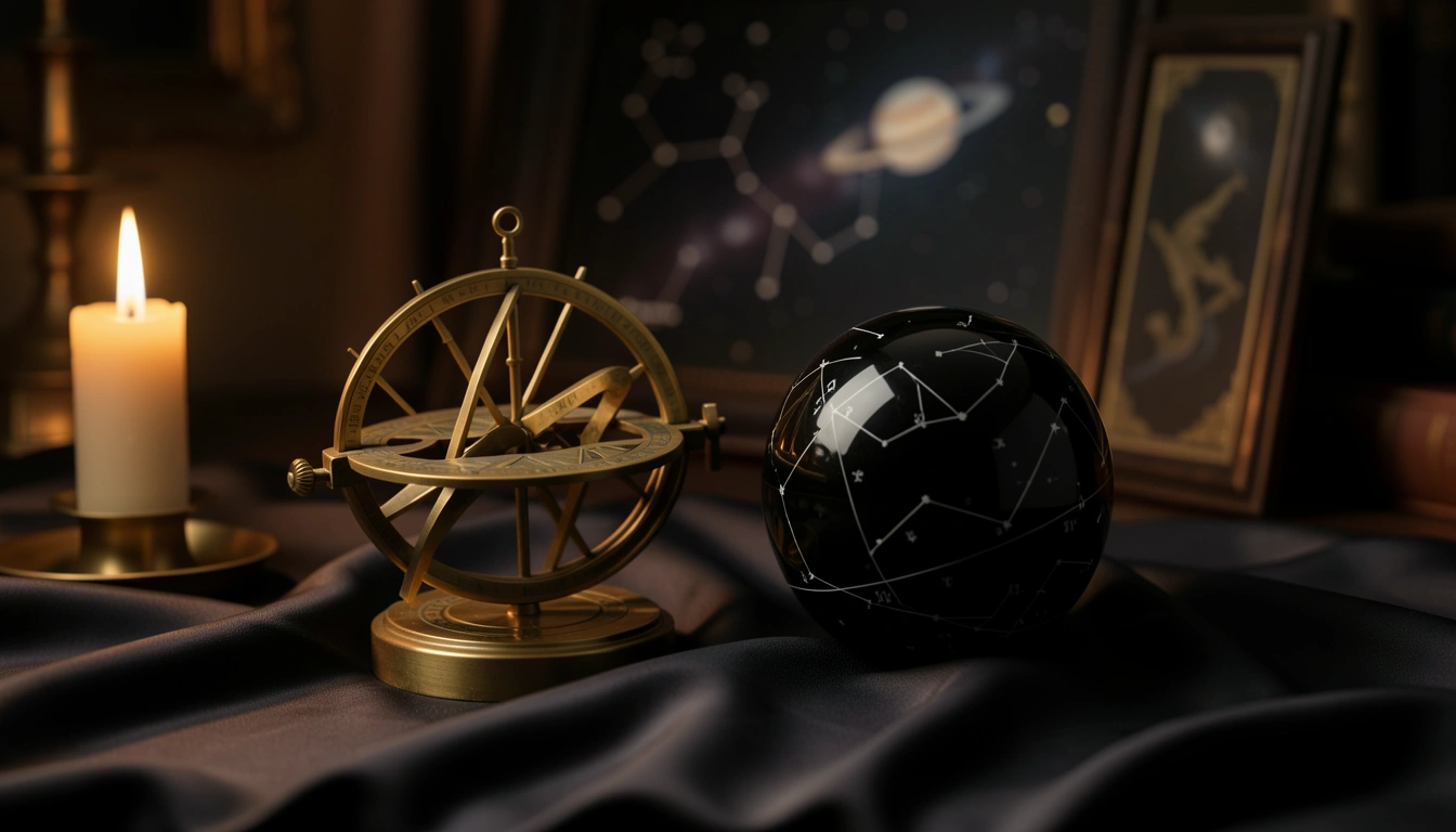 Brass astrolabe and obsidian sphere on dark silk under candlelight