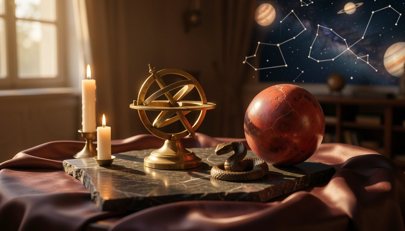 Brass astrolabe and carved serpent figure on a candlelit stone ritual table