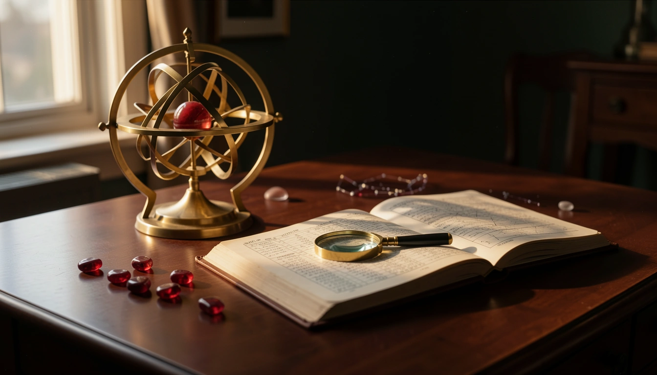 Brass orrery with a red Mars sphere beside an open ephemeris on a dark wooden desk in golden light