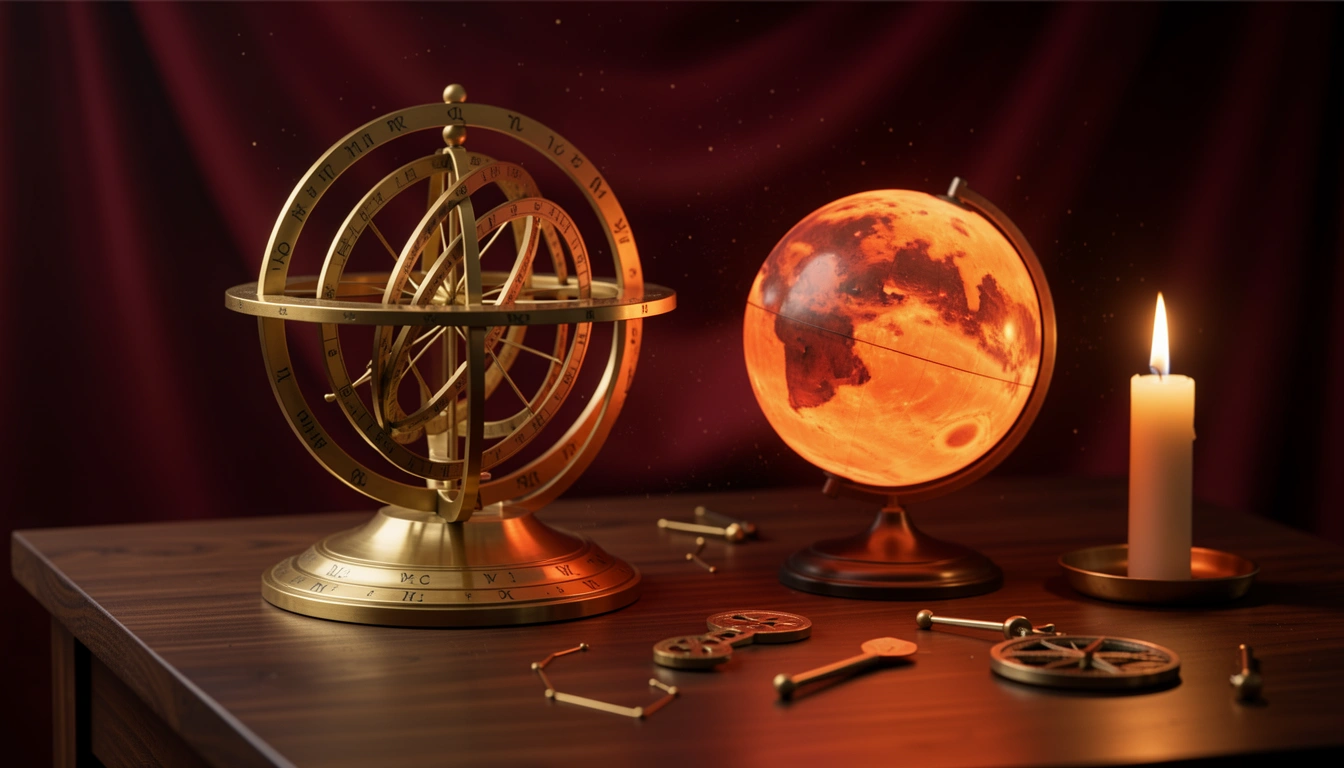 Brass orrery and glowing Mars globe lit by candlelight on a dark wooden table