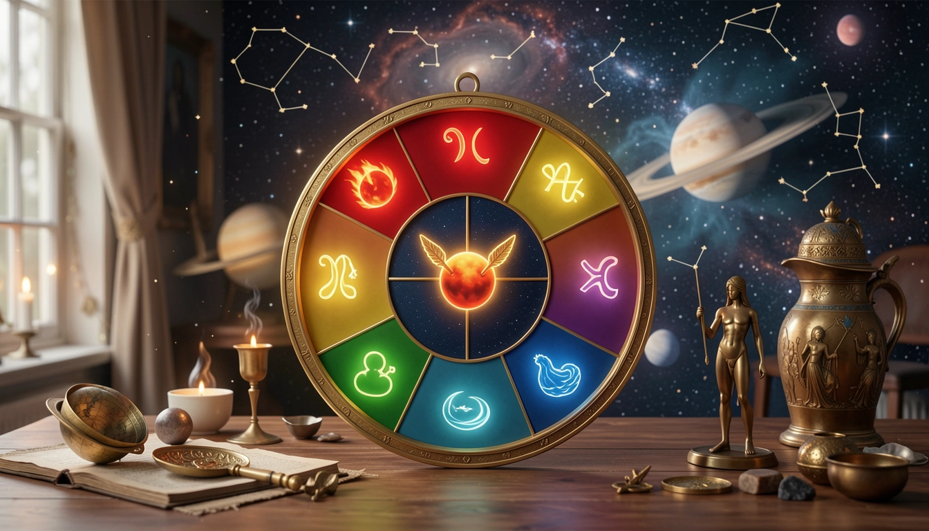 Astrological zodiac wheel with Mars symbol at center, each sign segment colored by element, representing Mars in all 12 signs.