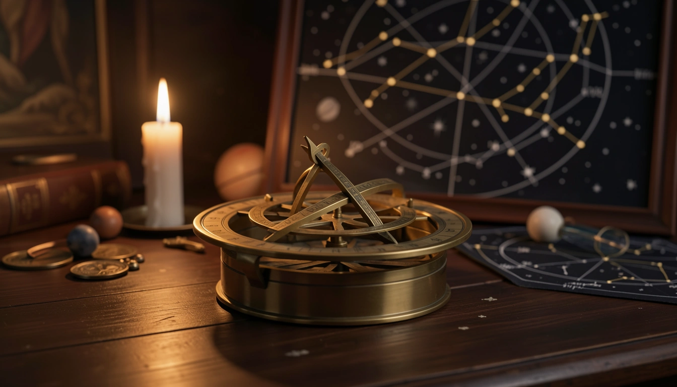 Brass astrolabe on a candlelit table with a star chart background