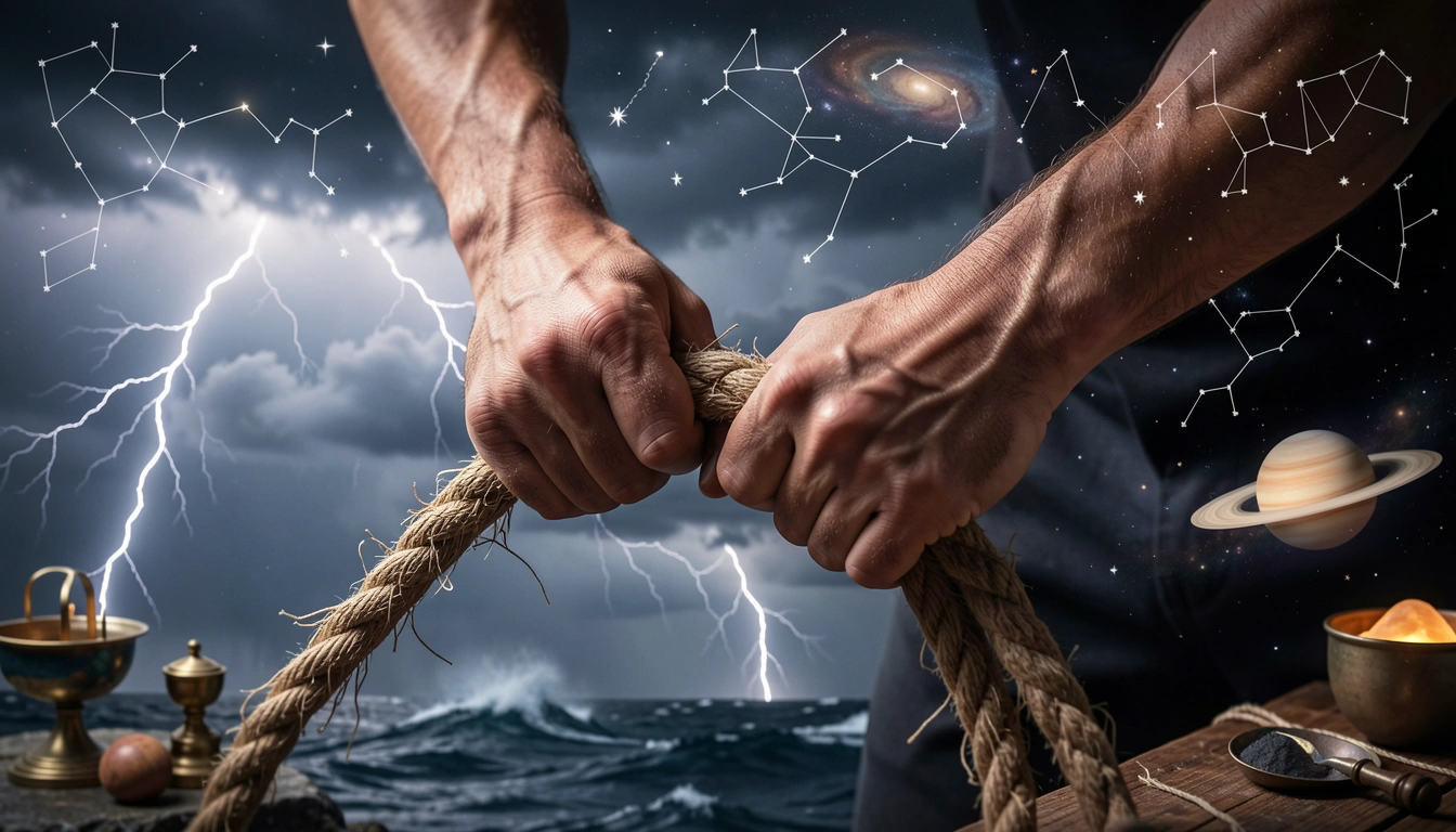 Hands gripping a rope tightly against a stormy sea background with lightning