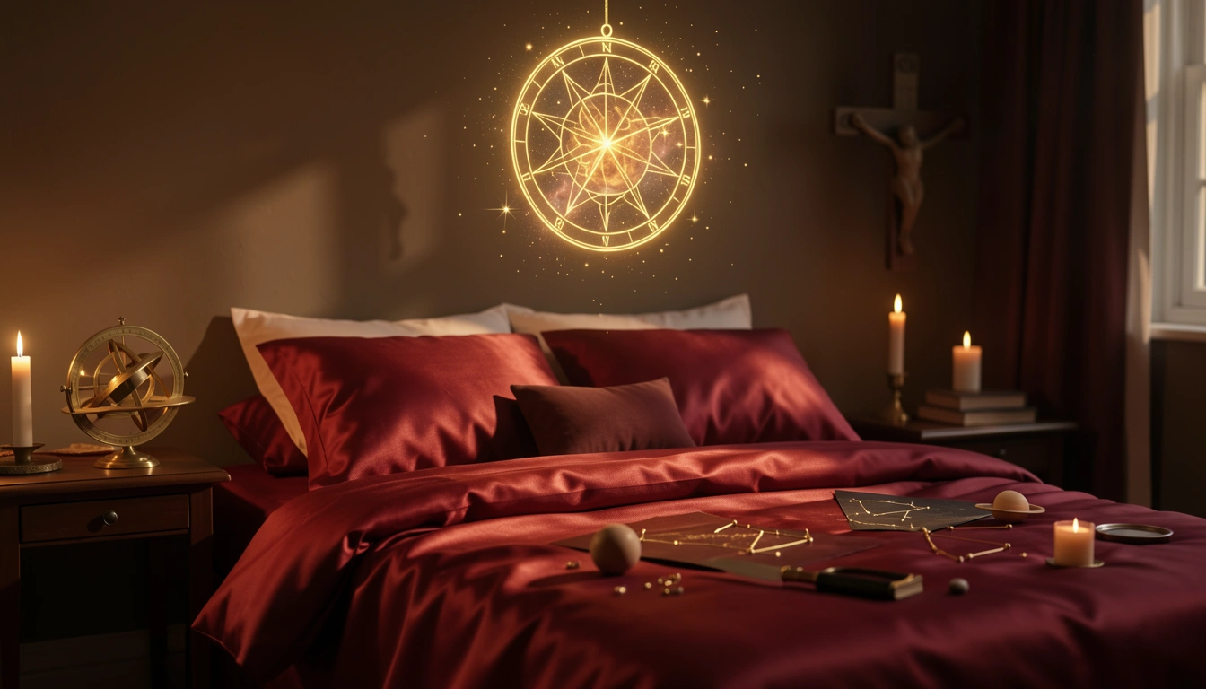 Romantic candlelit bedroom with Mars symbol glowing above the bed, representing astrological attraction and sexual chemistry.