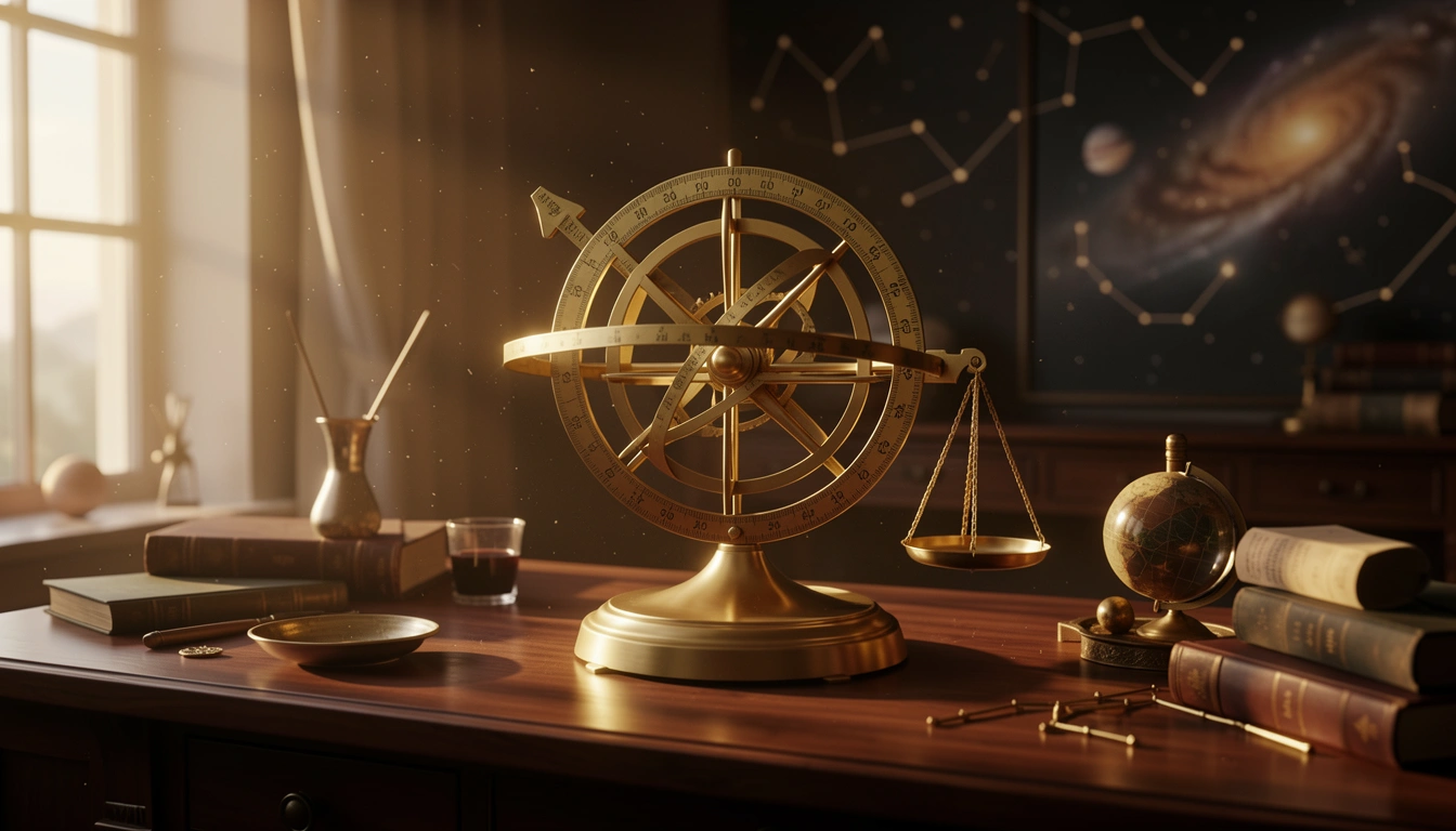 Brass orrery with Mercury arm on a wooden desk in golden light