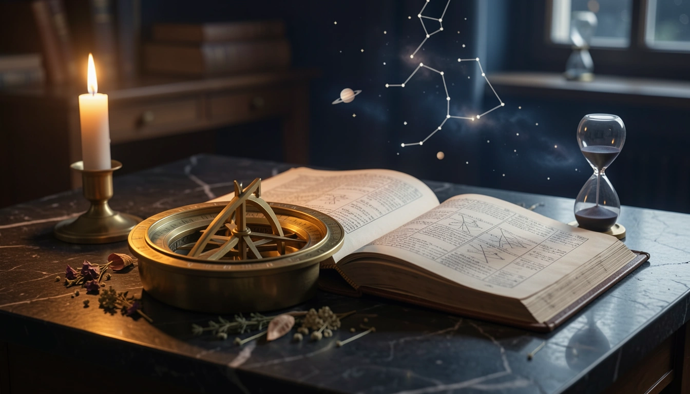 Brass astrolabe and ephemeris book lit by candlelight on a stone table