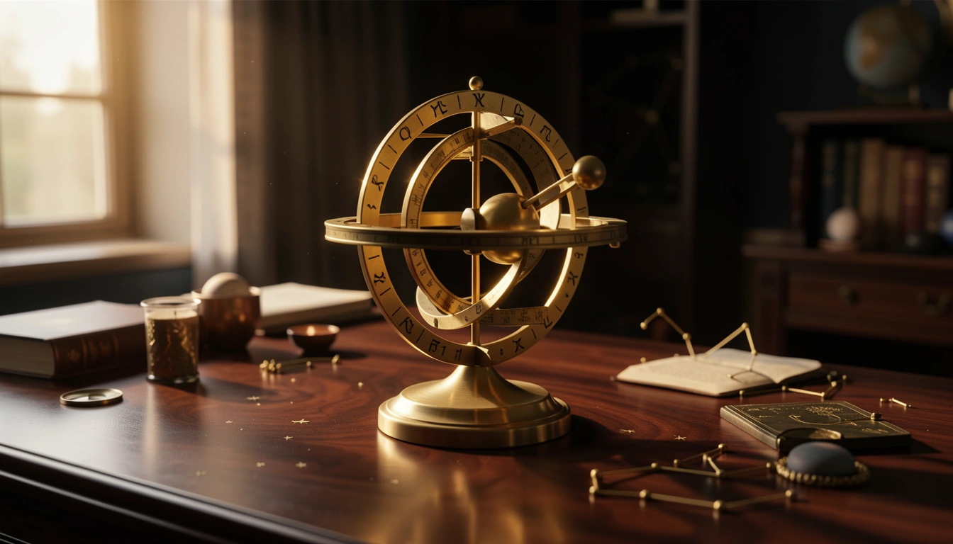 Brass orrery with a small Mercury sphere positioned along engraved zodiac rings under warm side light