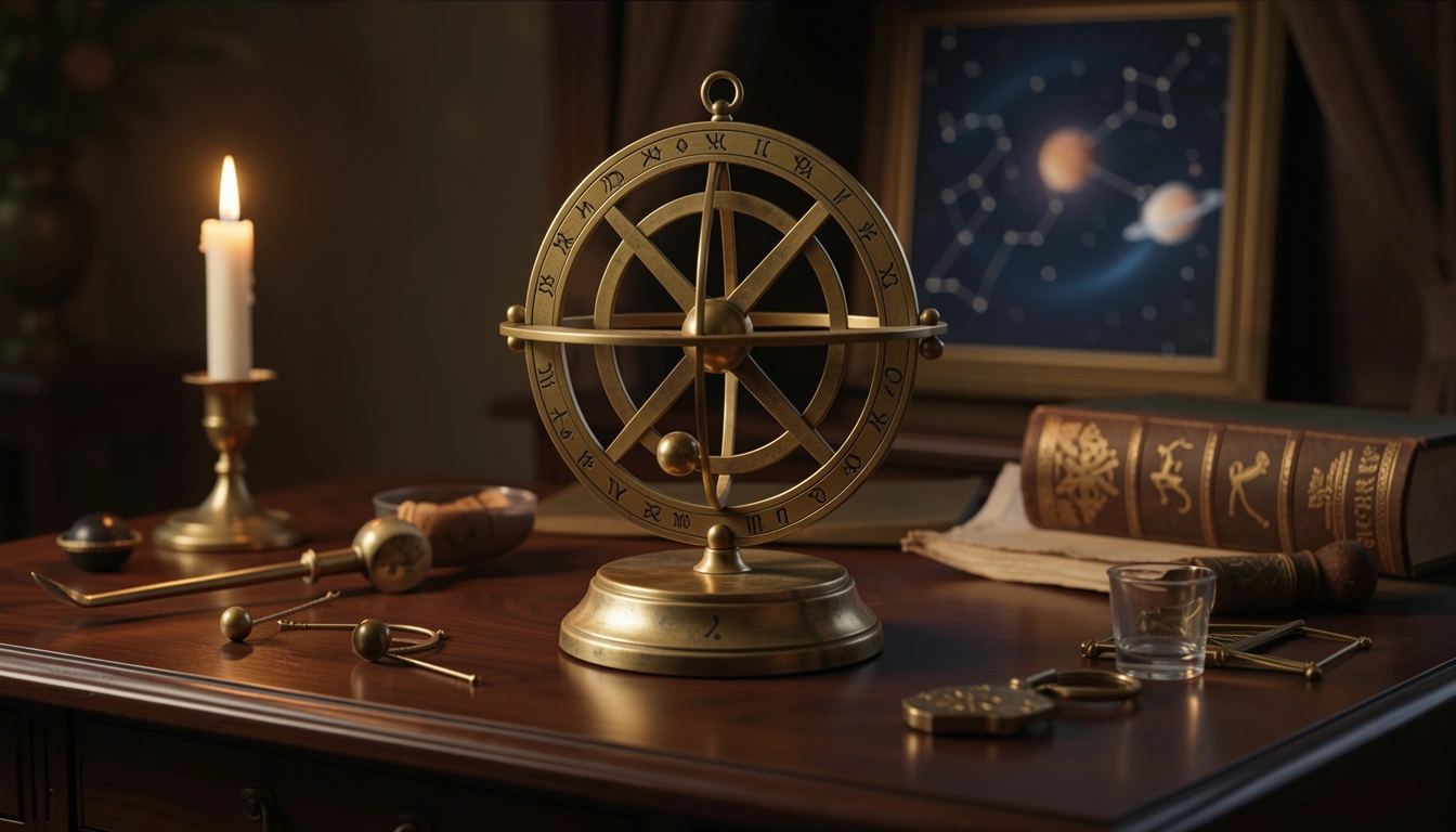Brass orrery showing Mercury's apparent backward motion along engraved zodiac rings under candlelight