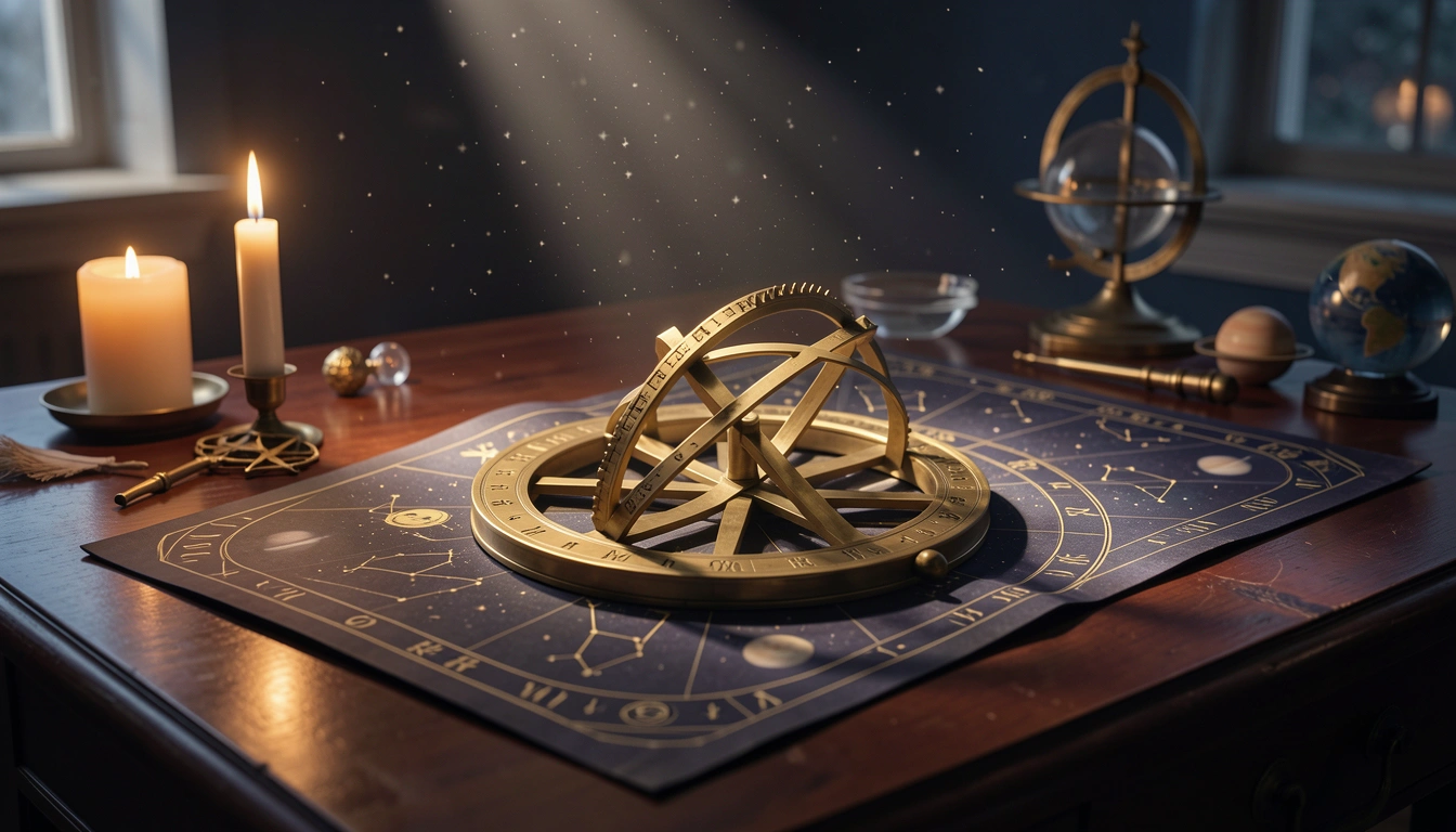 Brass astrolabe and celestial chart illuminated by candlelight