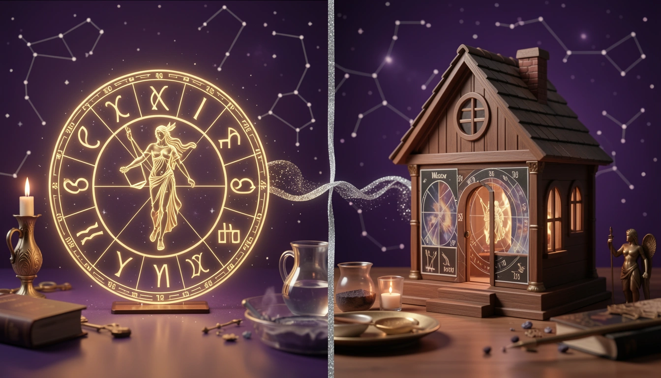 Split image of a zodiac wheel and a house chart connected by a silver thread on a dark violet background