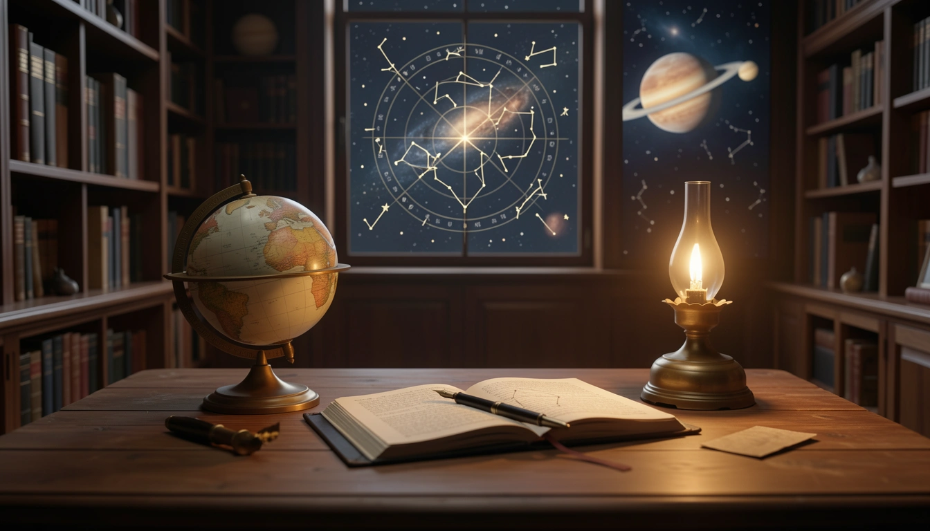 Vintage wooden desk with a globe, journal, fountain pen, and a glowing brass lamp in a cozy library.
